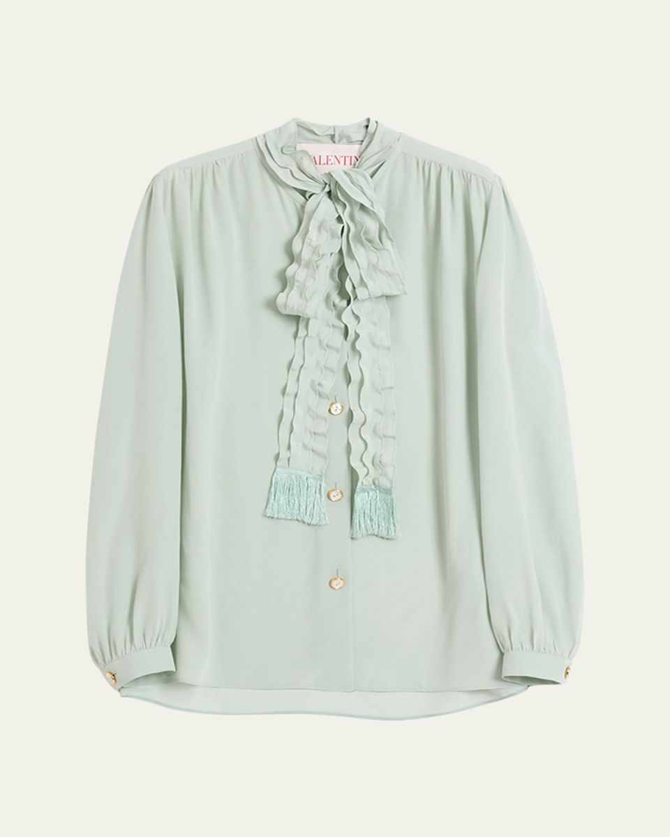 Ruffle Tie-Neck Silk Blouse